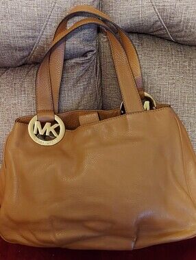 Michael Kors Tan Leather Shoulder Bag with Gold MK Charm